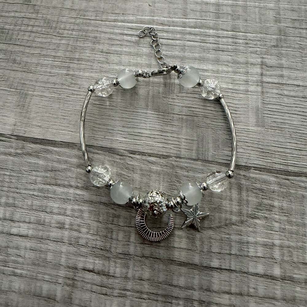 Silver-Star and Crescent Moon Charm Beaded Bracelet with Clear and Frosted Beads